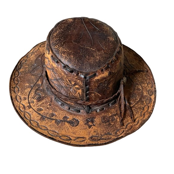 (SOLD) HANDMADE Vintage Hand Tooled Leather Mexican Western Cowboy Hat Hat O/S - Picture 11 of 15
